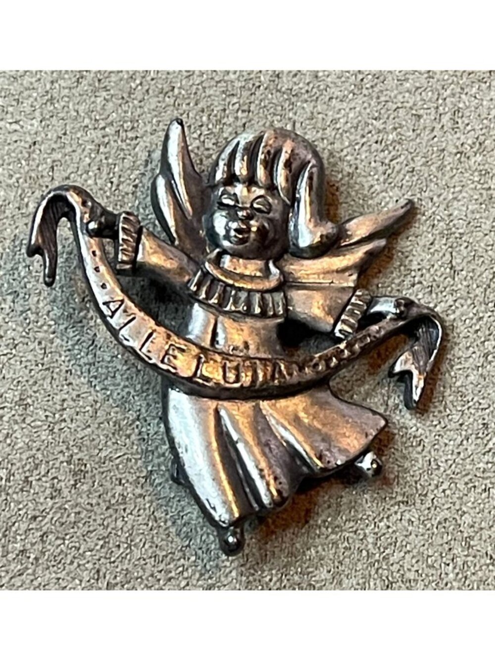 Vintage 80s Pewter Angel Alleluia Banner Angel Pin Brooch
